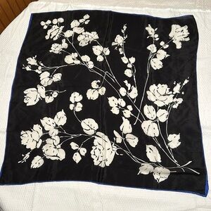 Sacha silk scarf, black, cream and blue trim